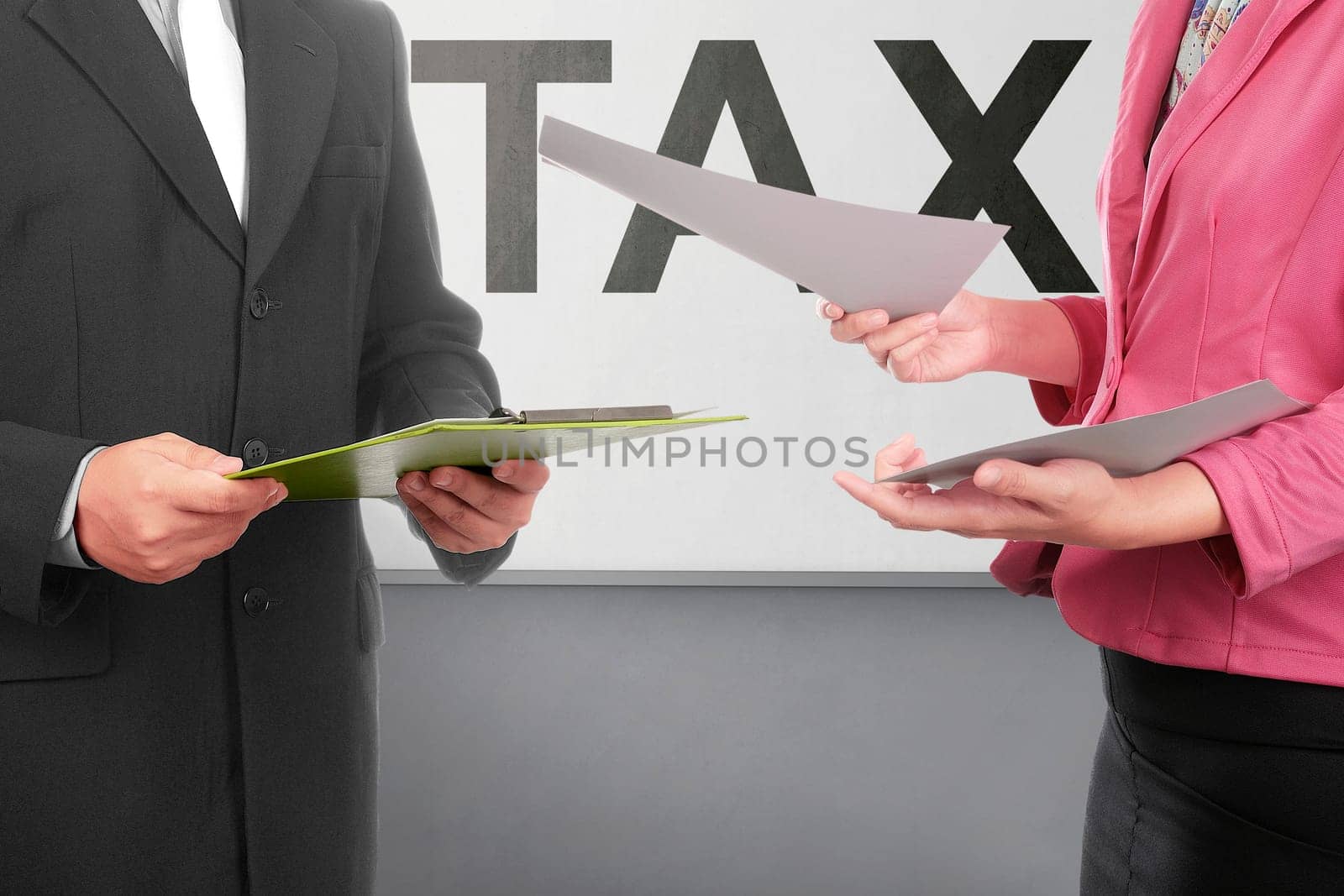 Business people discussion about tax payment with whiteboard background