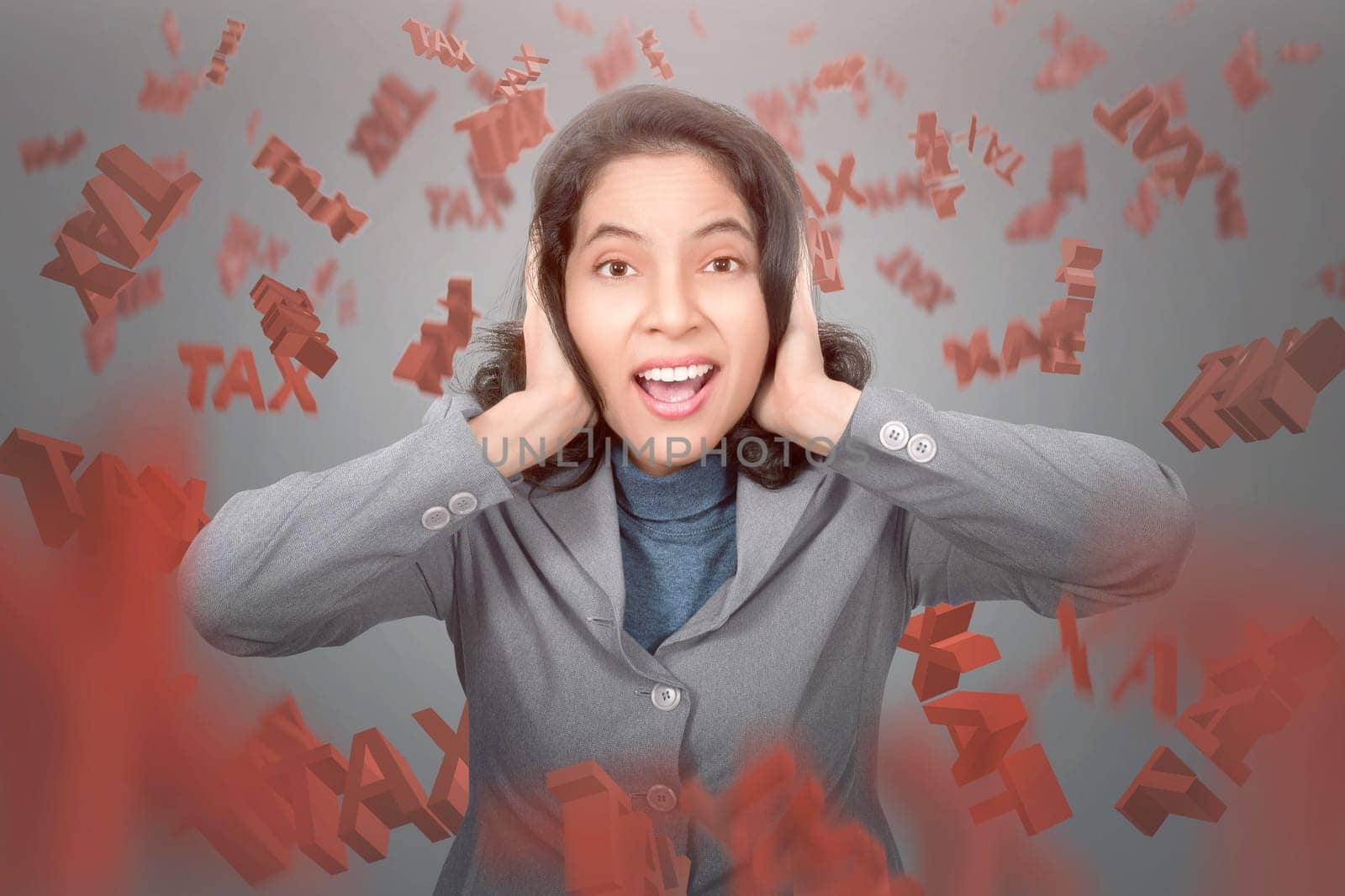 Frustrated asian business woman with falling tax text over black background