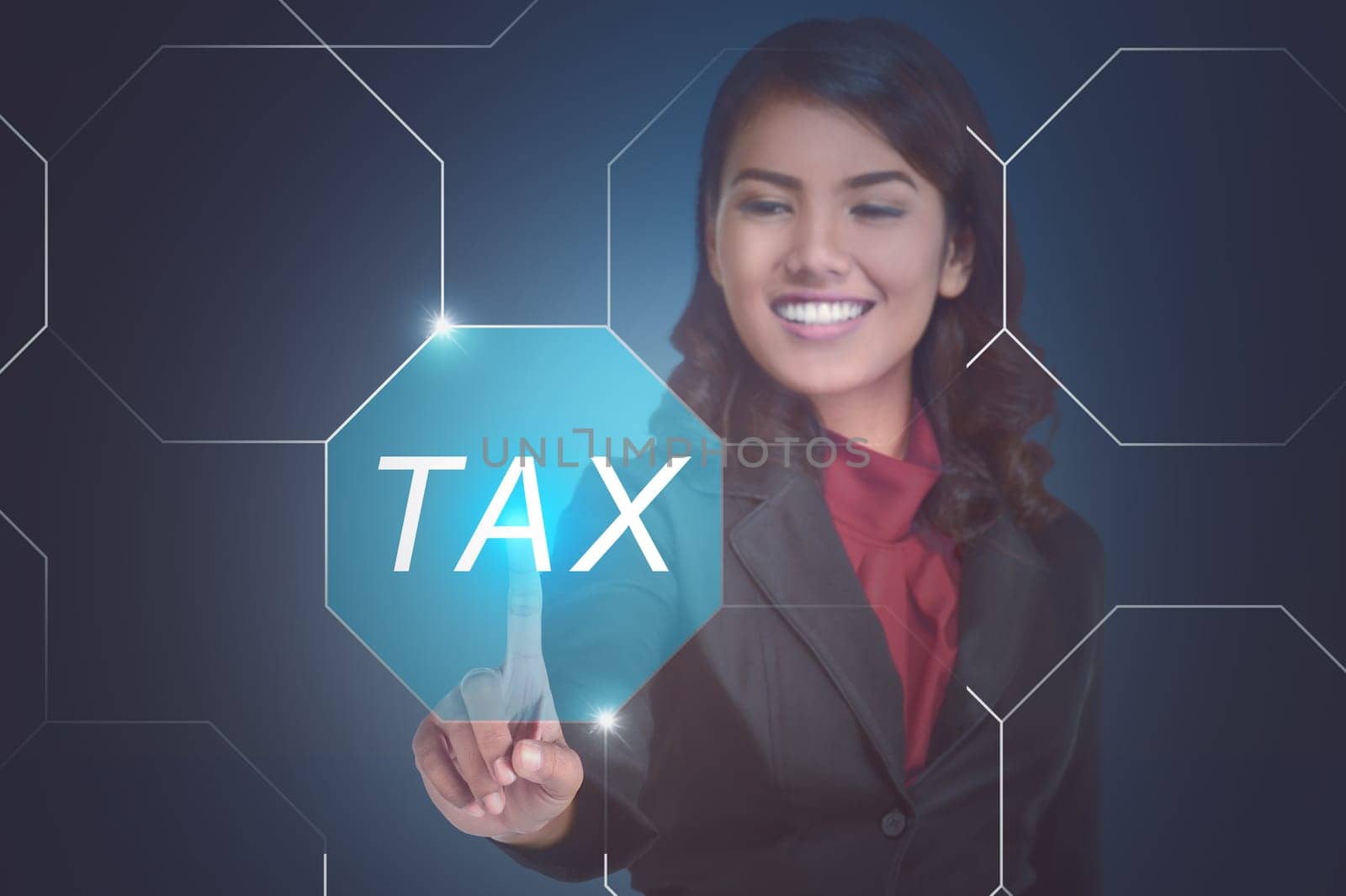 Young asian business woman choosing TAX on virtual touch screen on blue background