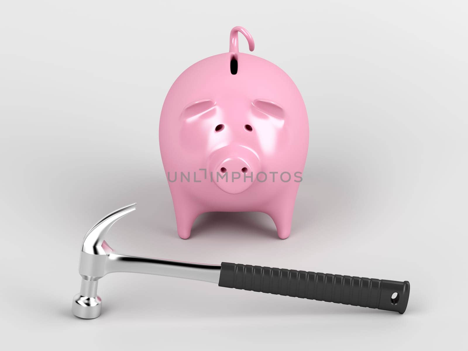 Piggy bank and hammer on gray background