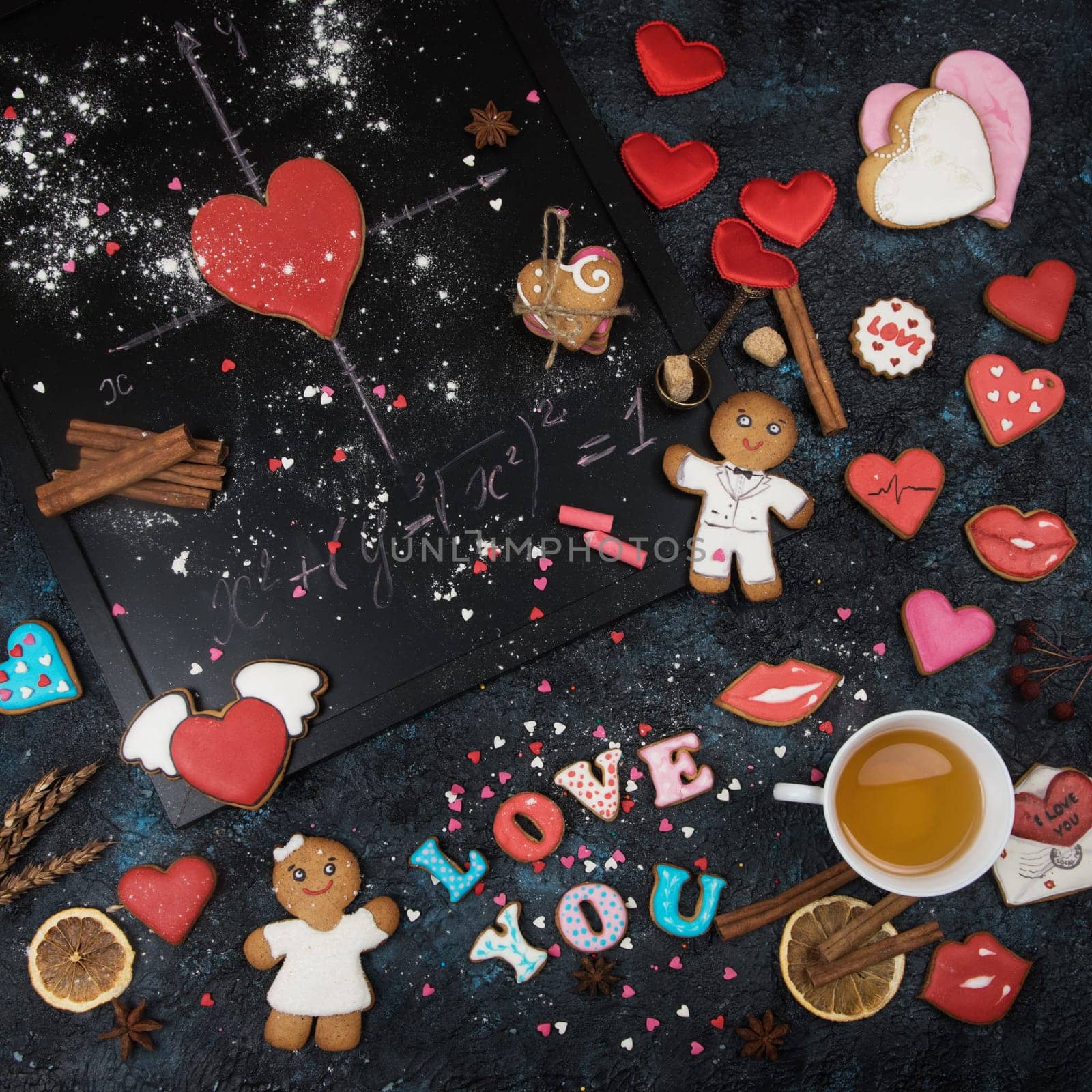 Math, gingerbreads , formula of love. Gingerbreads for Valentines Day or wedding theme.