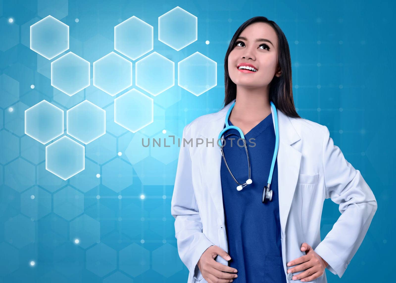 Smiling asian doctor woman with stethoscope on abstract background