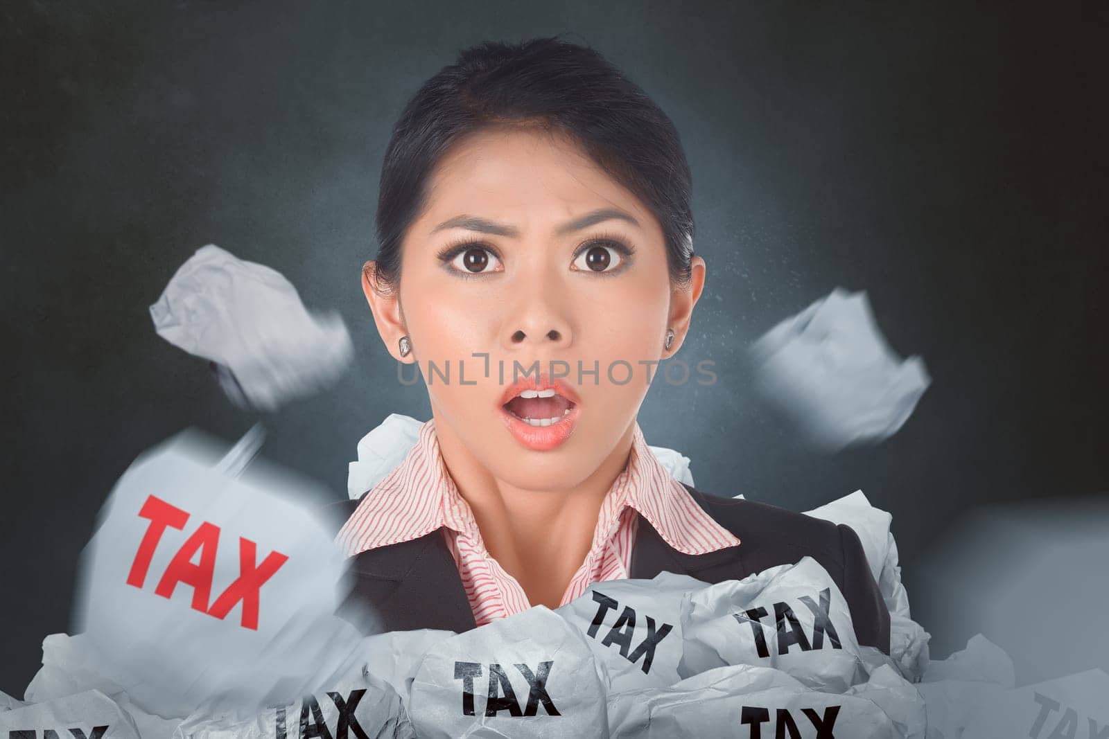 Image of asian business woman shock about tax