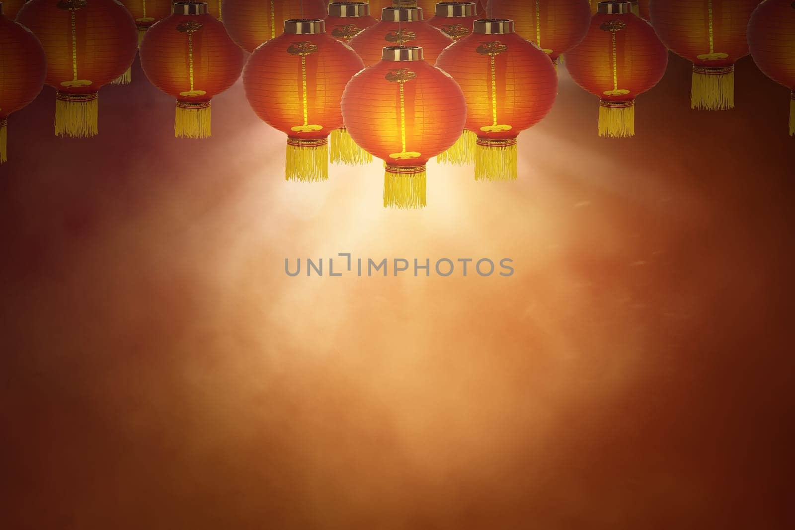 Hanging Chinese lanterns on red background
