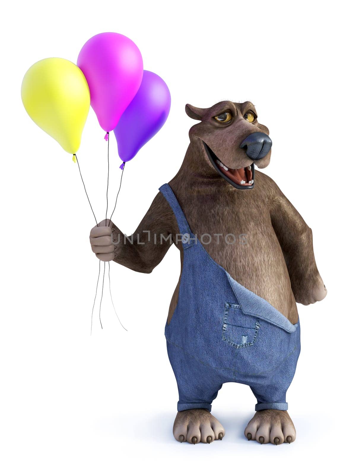 3D rendering of a charming smiling cartoon bear holding three balloons in his hand. White background.