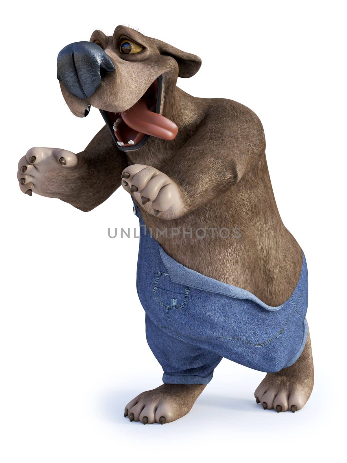 3D rendering of a smiling cartoon bear excited and chasing something with his tounge hanging out of his mouth. White background.