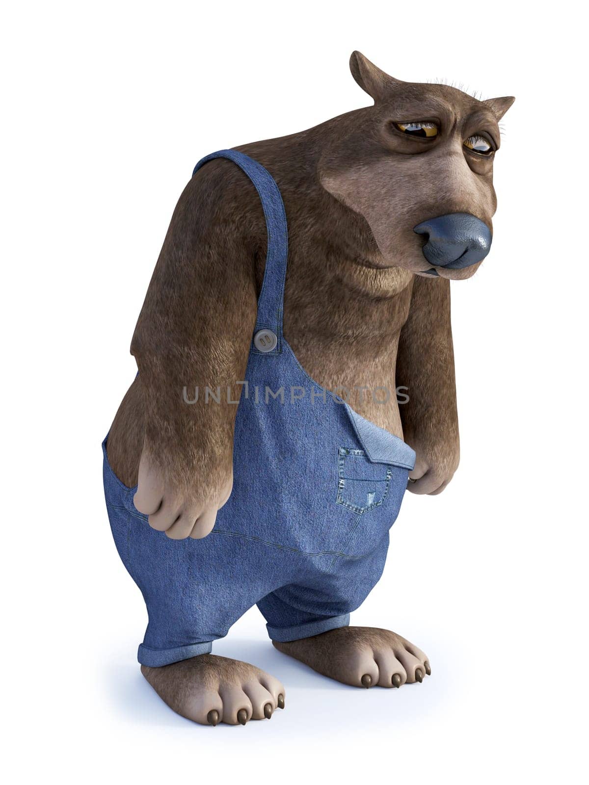 3D rendering of a cartoon bear looking very sad. White background.