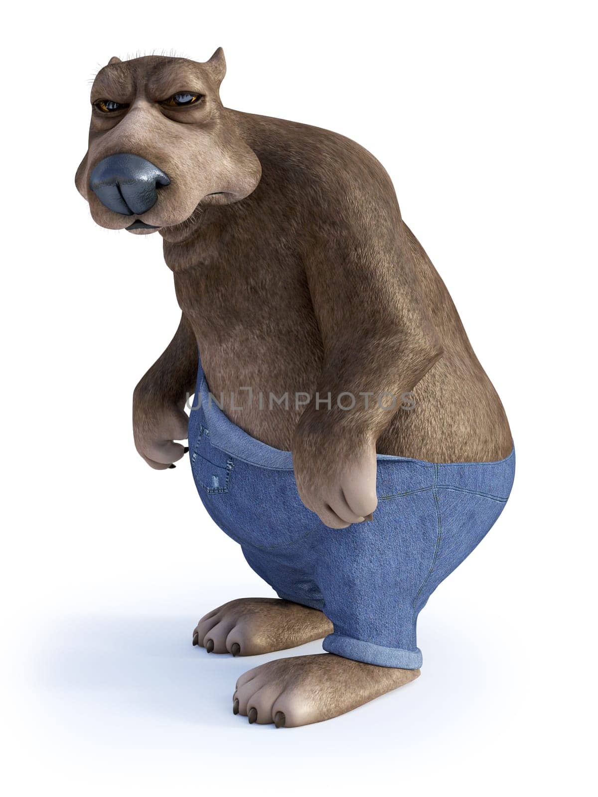 3D rendering of a cartoon bear looking very grumpy or angry. White background.