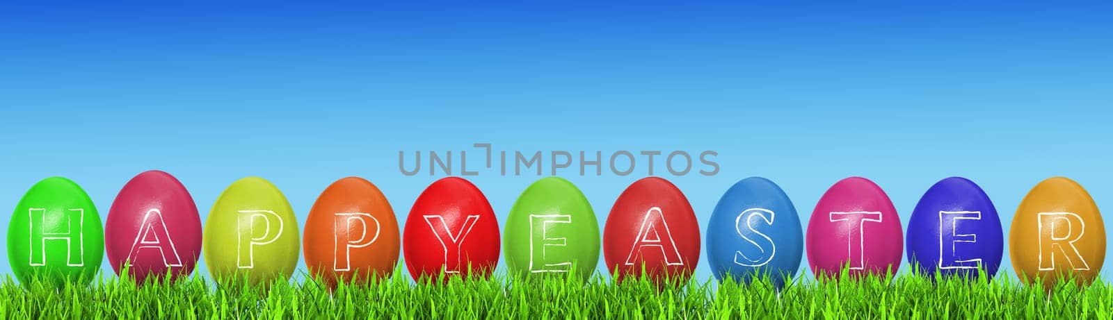 Easter eggs on grass, sky background, Happy Easter text