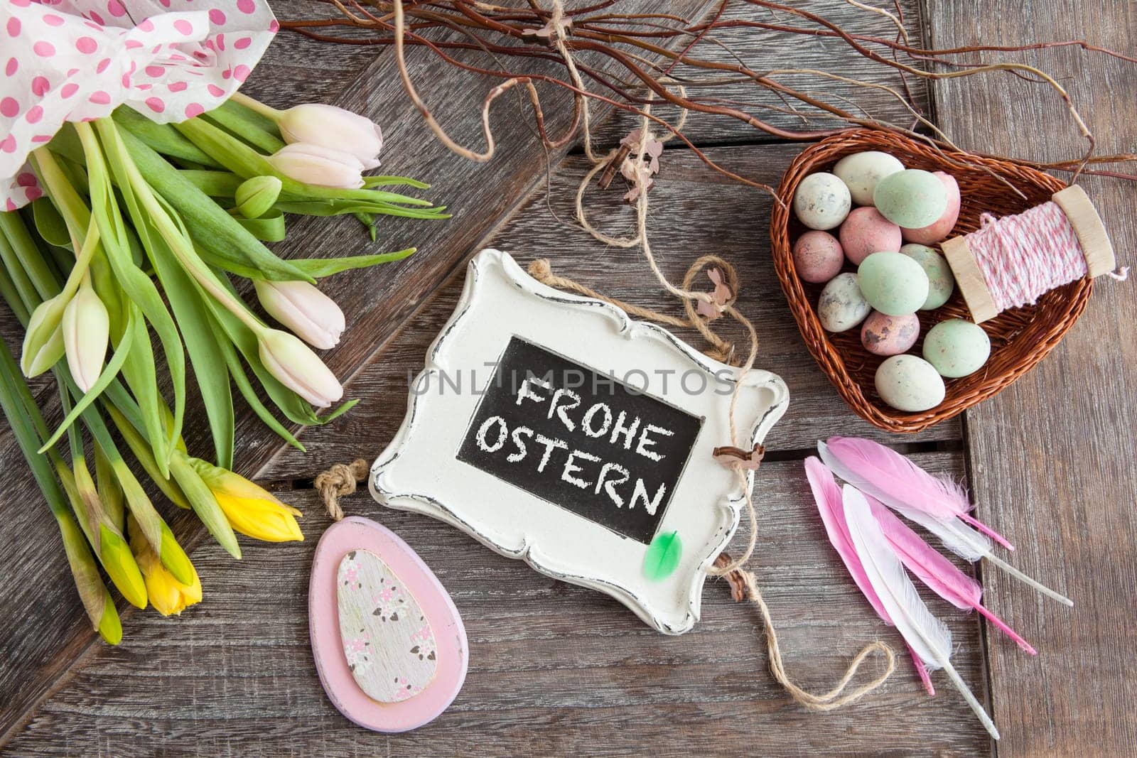 Easter decoration on a rustic wooden background