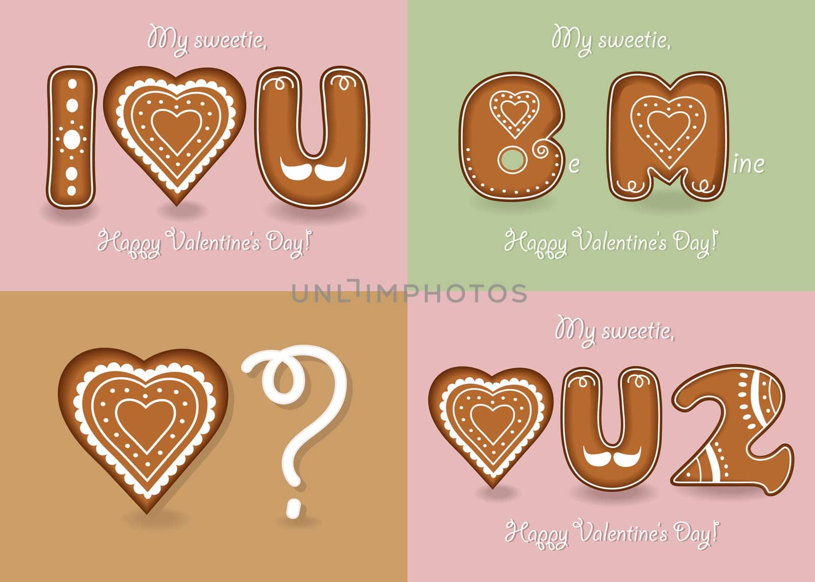 Set of romantic cards with Gigerbreads cookies - I love you, Be Mine, Happy Valentines Day. Illustration