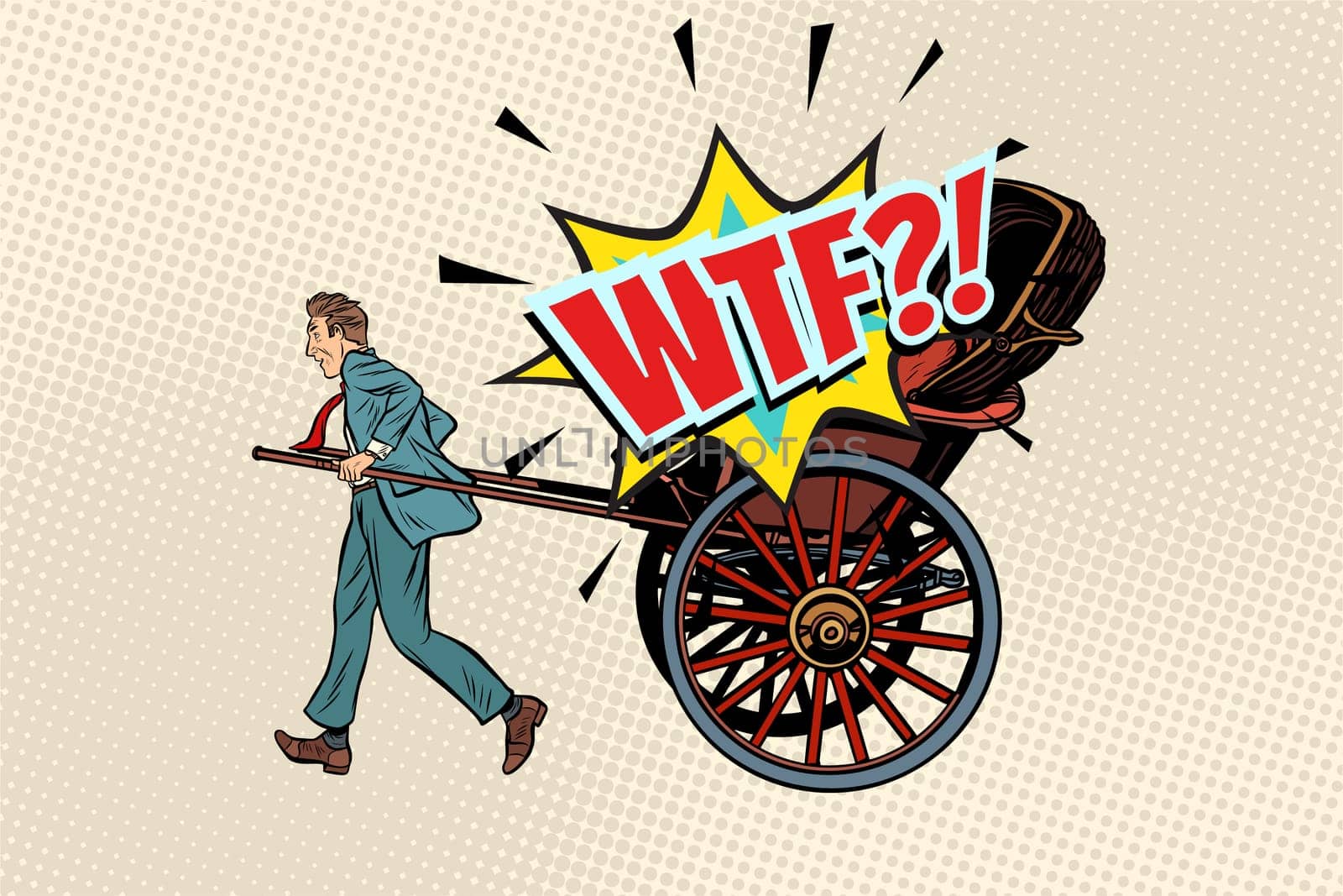 business rickshaw taxi wtf. Pop art retro vector illustration