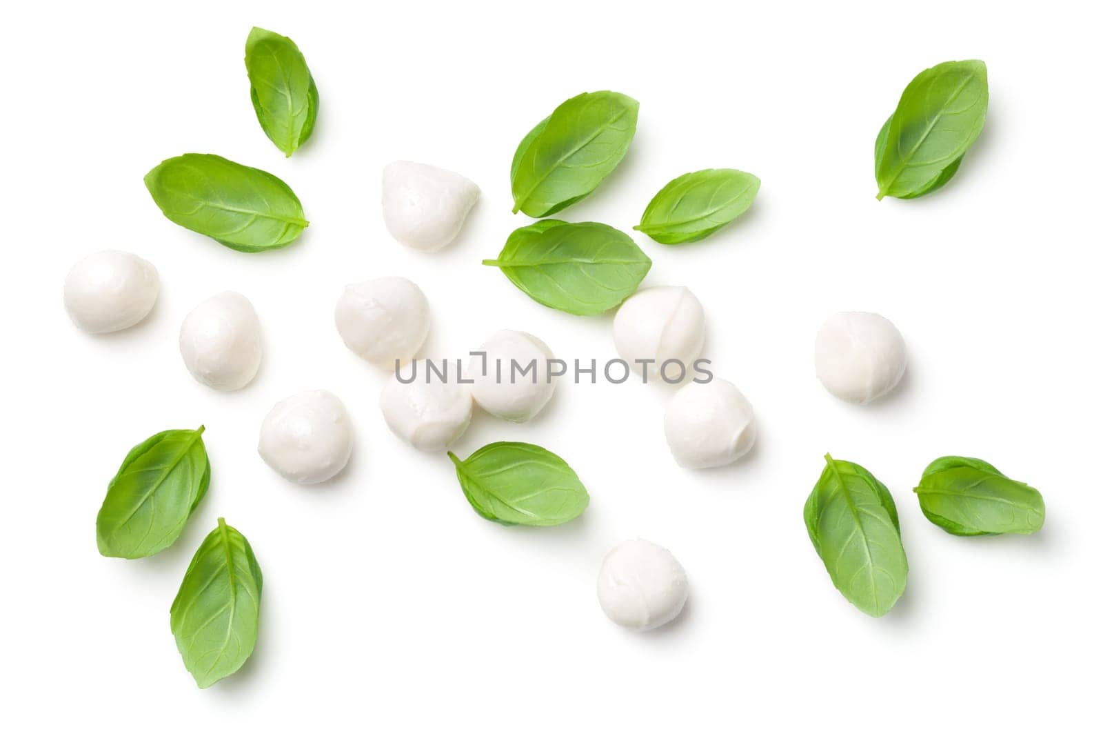 basil and mozzarella isolated on white background. top view