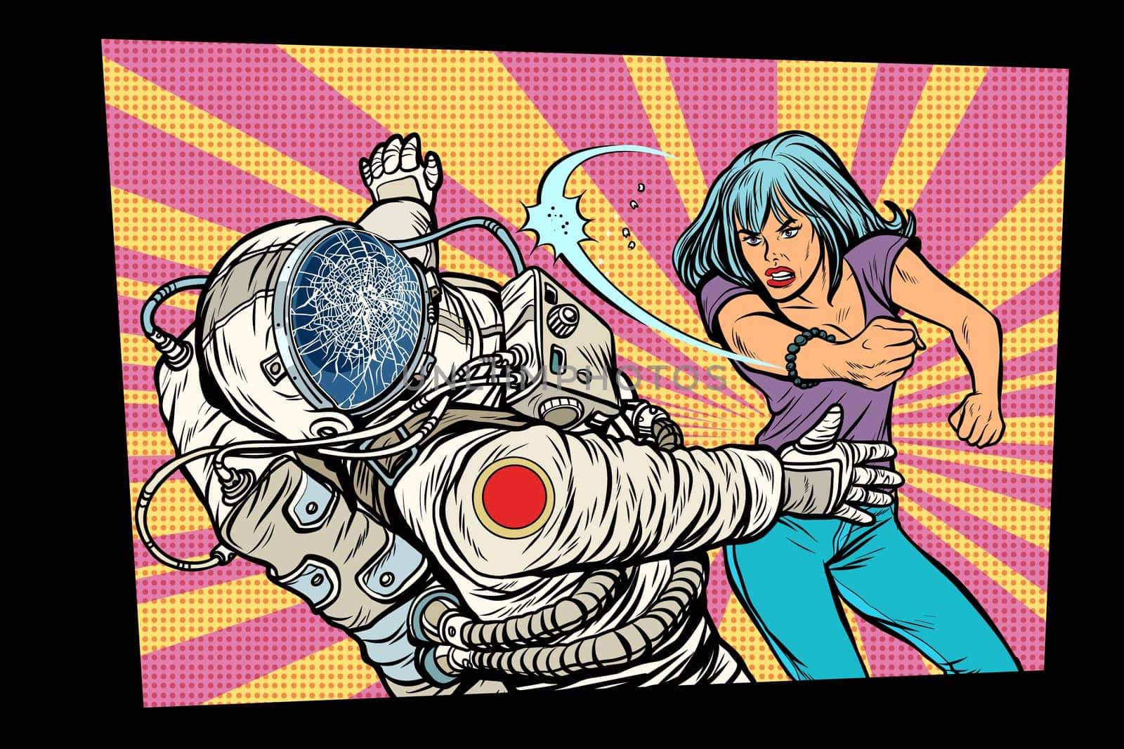 woman vs astronaut, fight. Pop art retro comic book vector cartoon vector illustration hand drawing