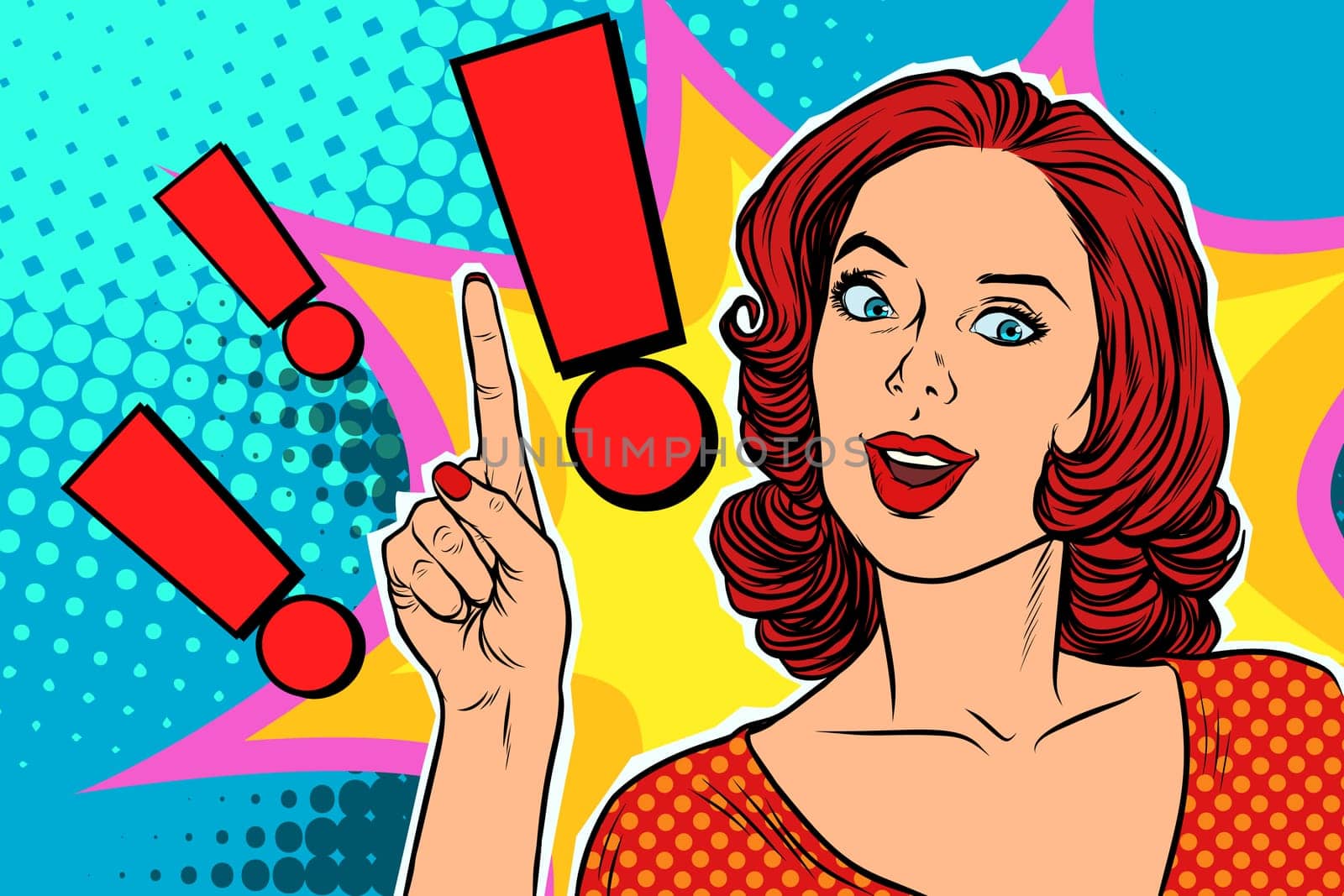 Exclamation point and happy pop art woman. Pop art retro vector illustration