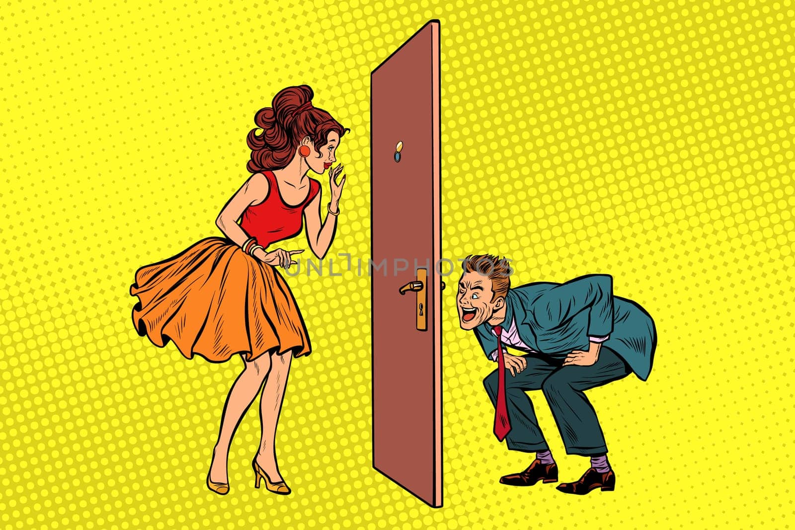 man and woman looking through a door, peephole and keyhole. Voyeurism and privacy. Pop art retro vector illustration