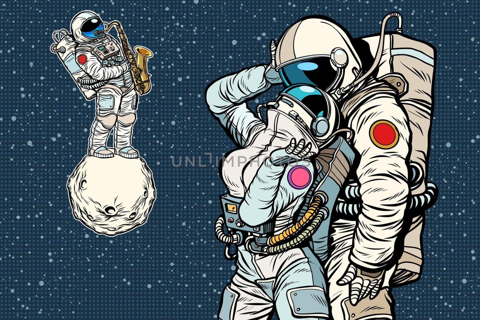 cosmonauts are dancing. romantic date, man loves a woman. Pop art retro comic book vector cartoon vector illustration hand drawing