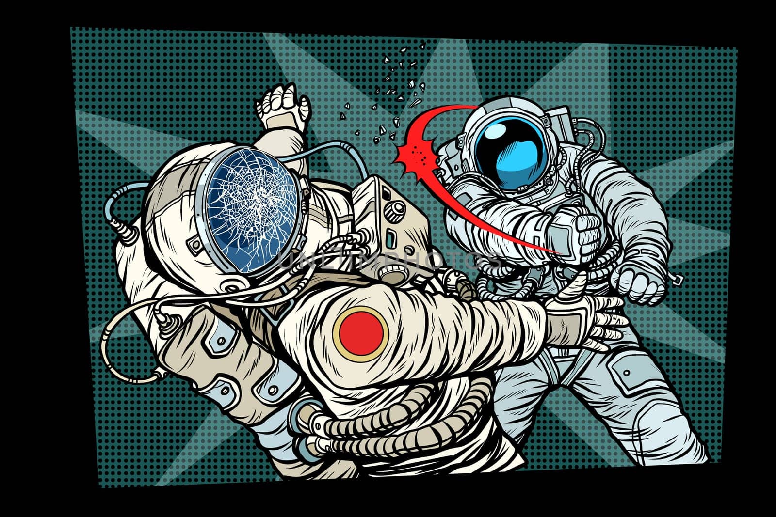 two cosmonauts fight the space war. Pop art retro comic book vector cartoon vector illustration hand drawing