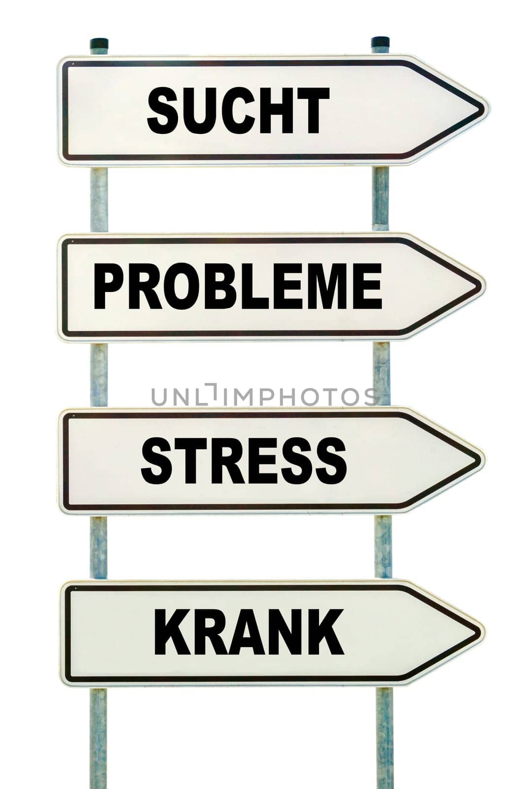 Four cropped signs with the inscription "Addiction,Problems,Stress,Sick"""