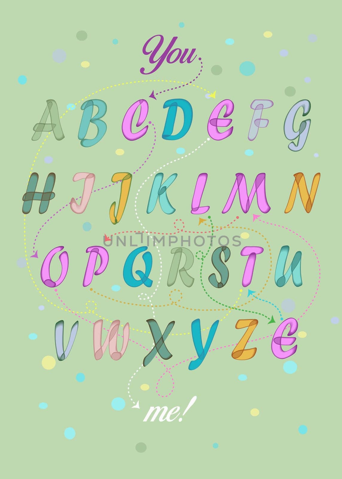 Artistic alphabet with encrypted romantic message - You complete me. Colorful letters with watercolor effect. Green background.  Illustration