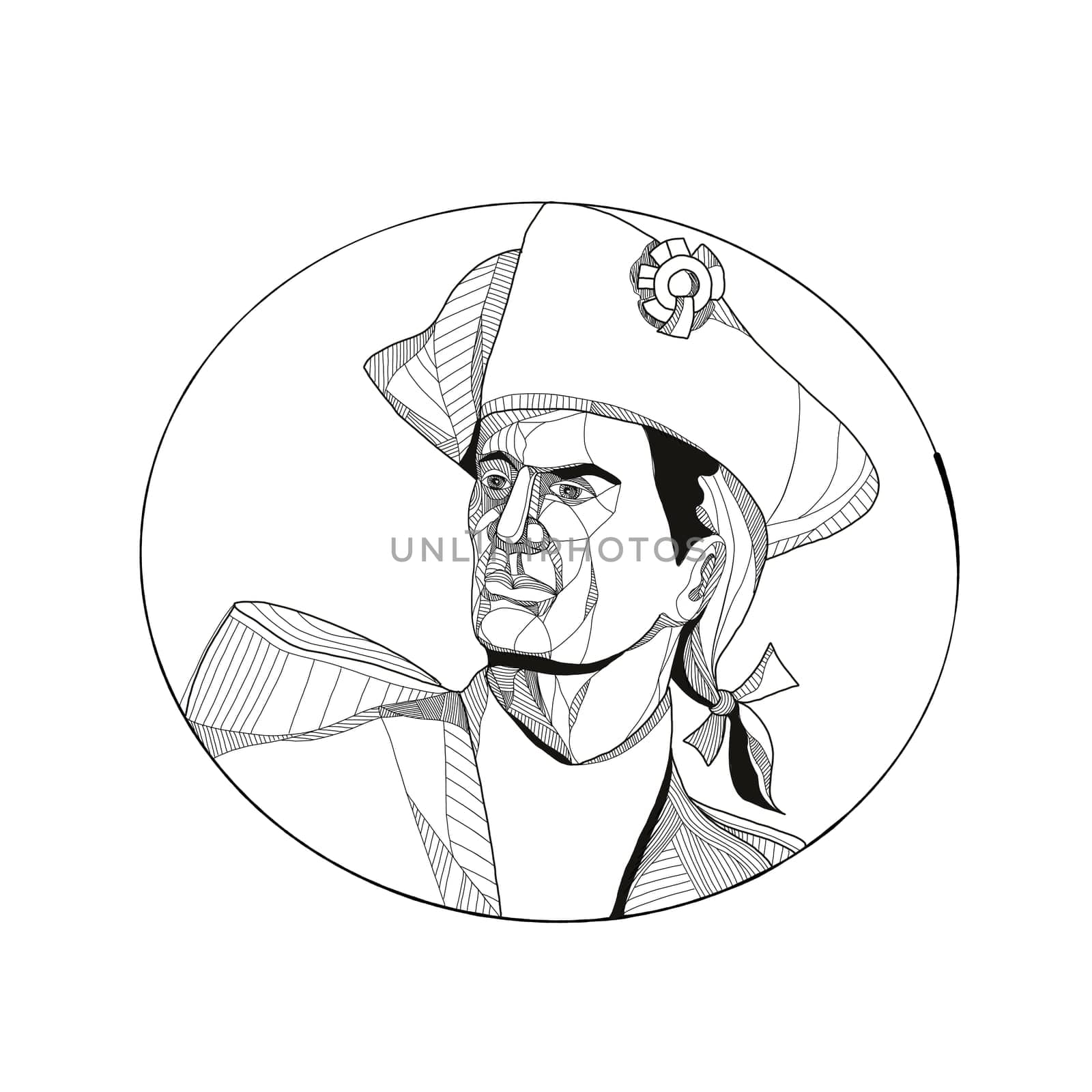 Doodle art illustration of an American patriot, minuteman or revolutionary militia soldier looking to side set inside circle.