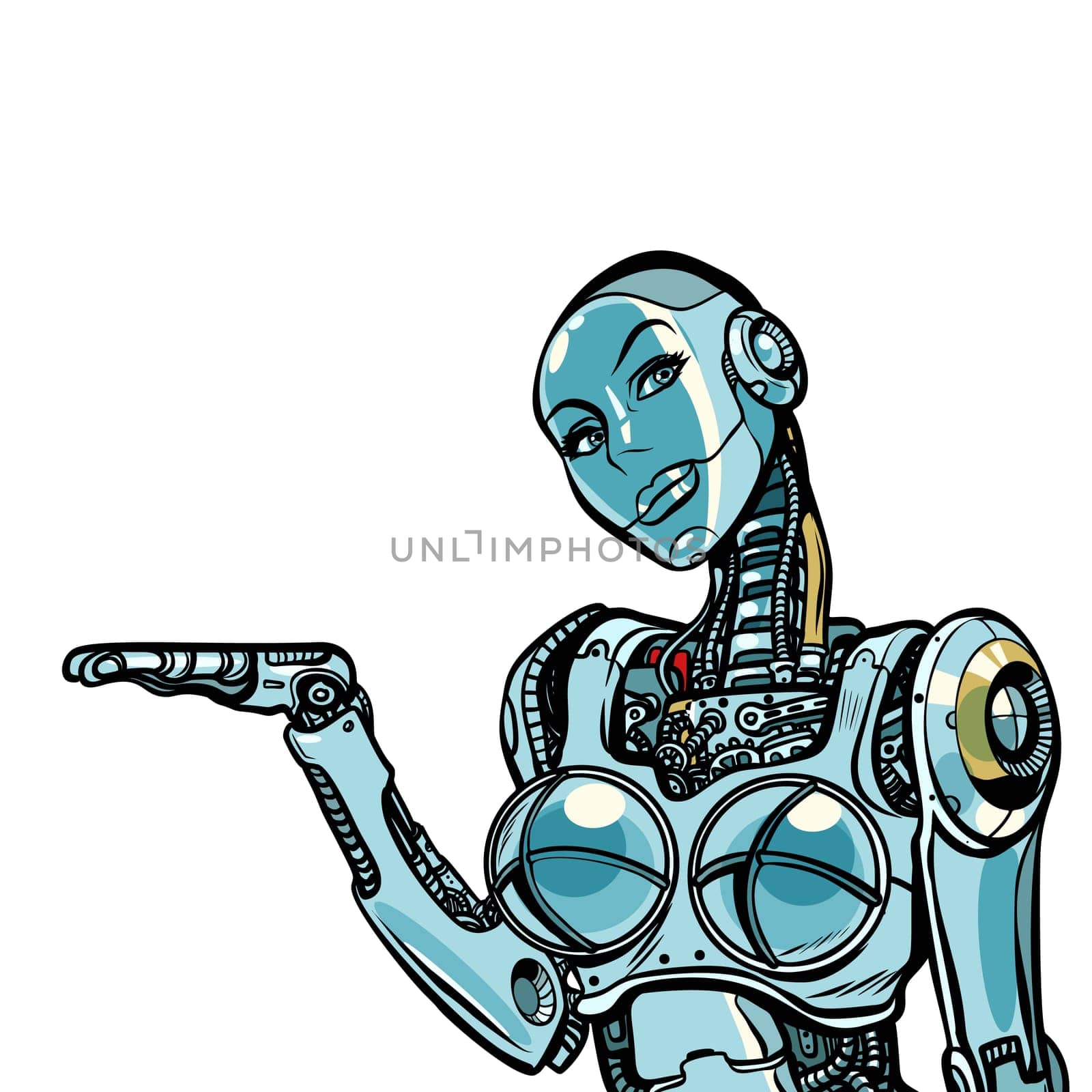 Beautiful woman robot presents. Isolated on white background. Pop art retro vector illustration