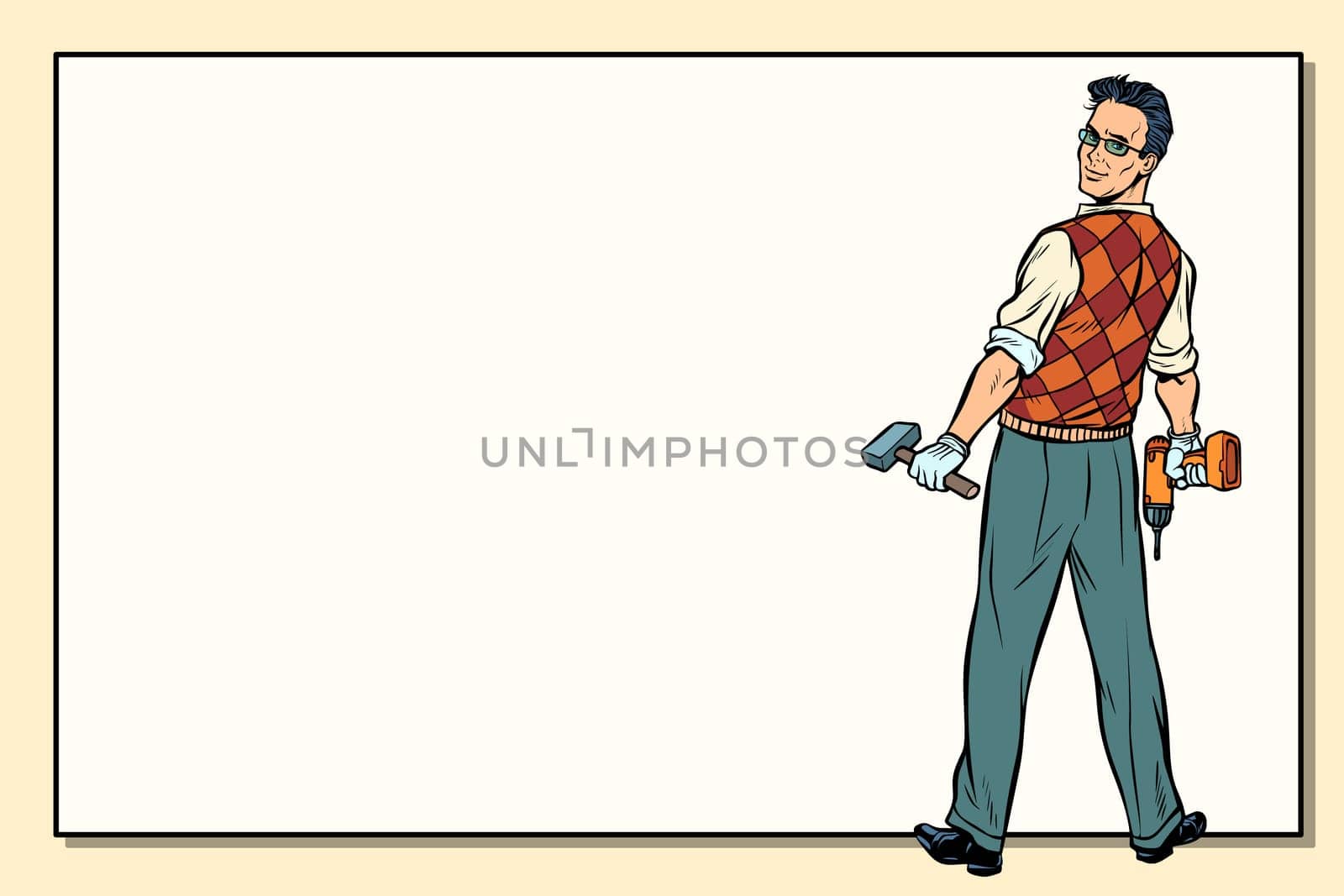 man and repair, drill hammer, copy space background. Pop art retro vector illustration.