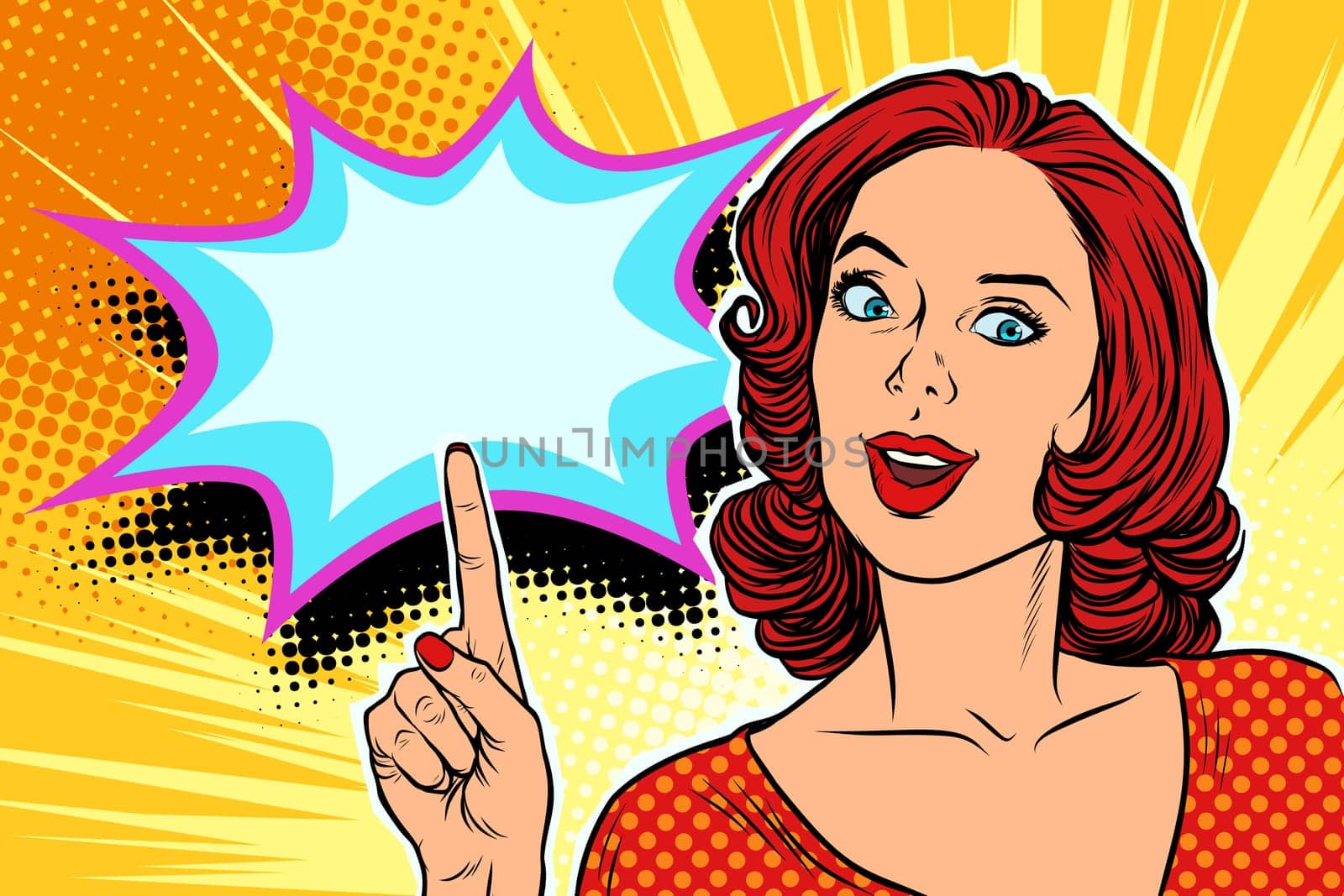 pop art woman pointing finger up retro vector illustration
