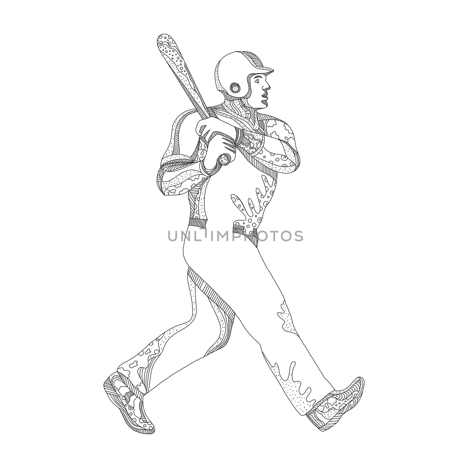Doodle art illustration of a baseball player batting with bat viewed from side on isolated background done in black and white.
