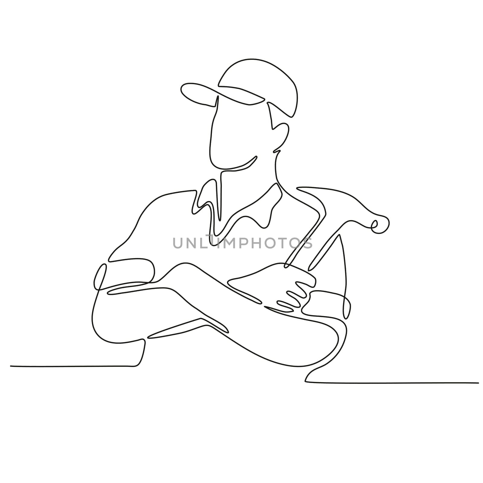 Continuous line drawing illustration of a builder, carpenter or construction worker arms crossed with hammer done in sketch or doodle style.