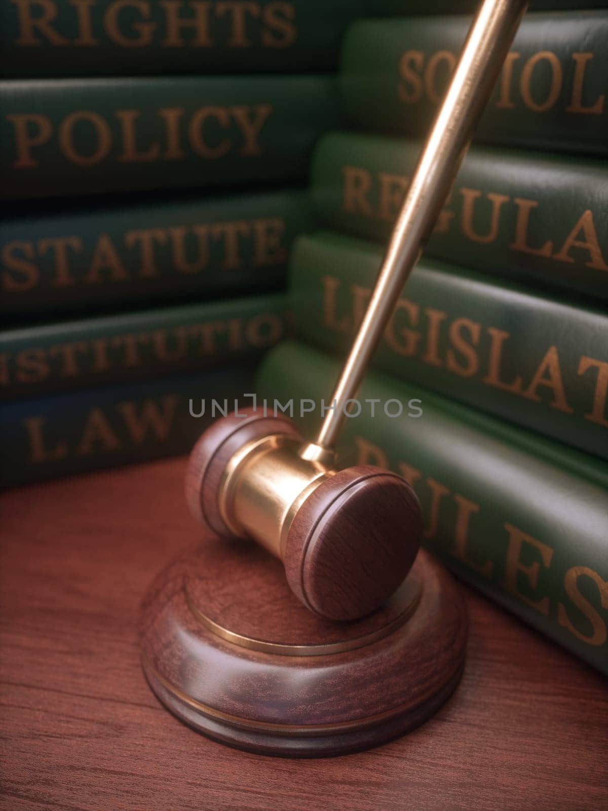 Wooden hammer with gold details and books in the background.