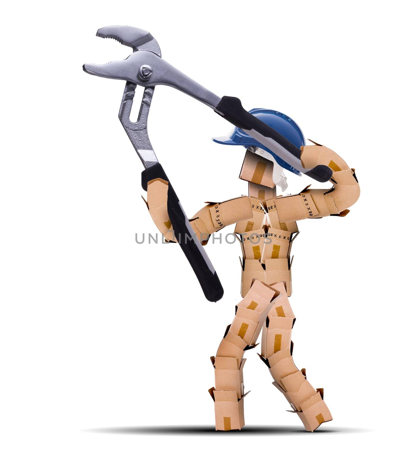 Box character workman with hard hat and holding a large a pair of tool pliers open. Work and tool isolated concept artwork on a white background with copy space