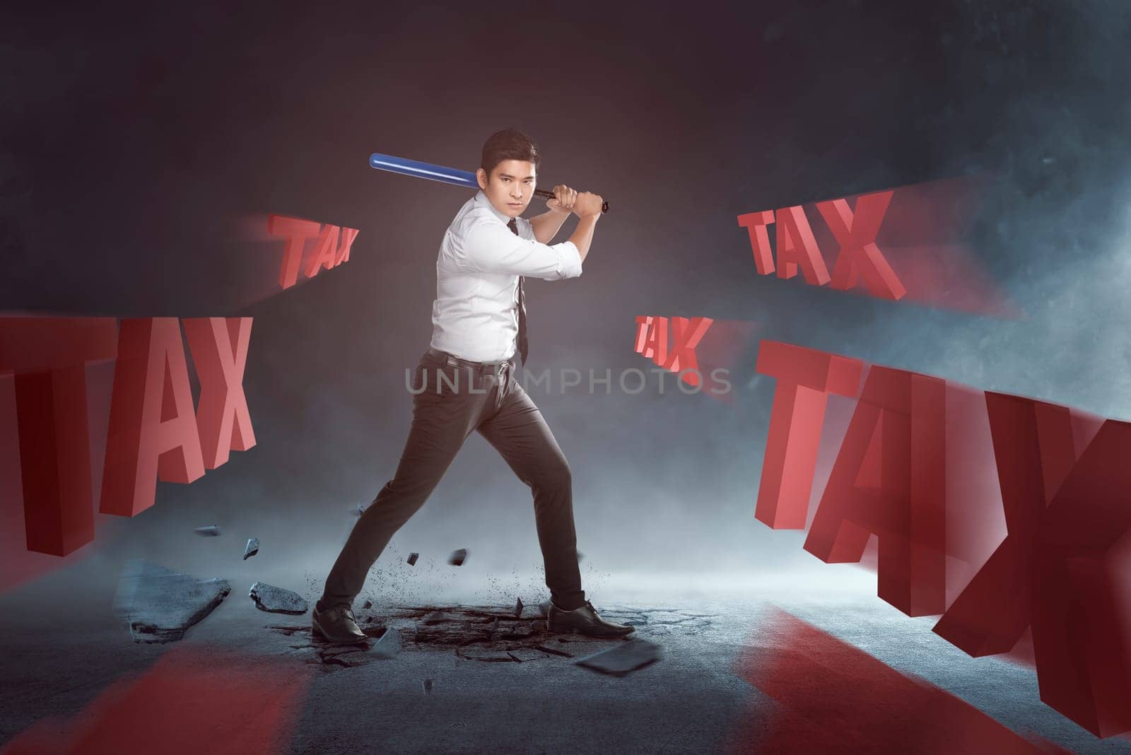 Handsome asian businessman swinging baseball bat to tax text on black background