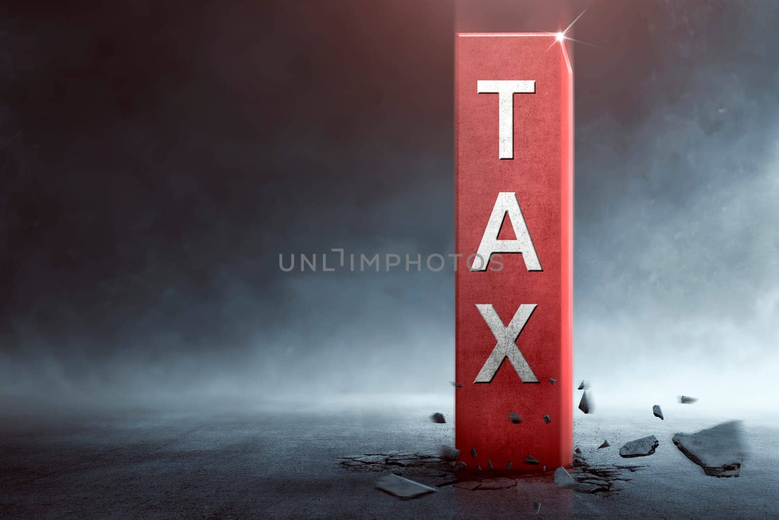 Big block with Tax text coming out from the ground. Taxation concept.