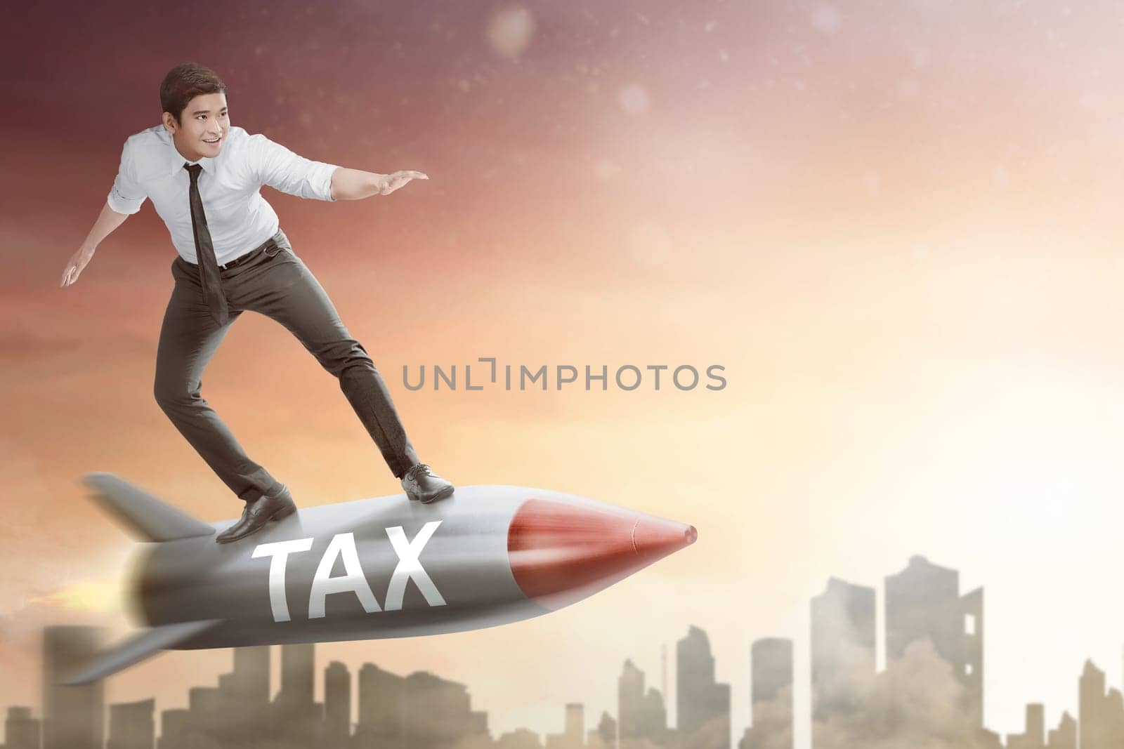 Happy asian businessman flying on rocket with Tax text. Taxation concept