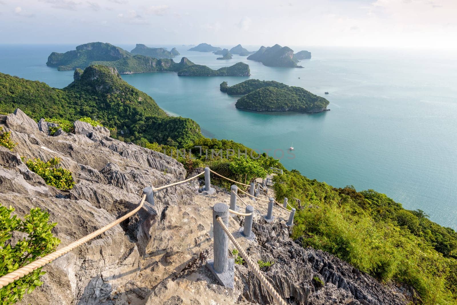 Stairway up to the scenic point beautiful nature landscape of island and sea during summer from Ko Wua Ta Lap viewpoint in Mu Ko Ang Thong National Marine Park, Surat Thani, Thailand