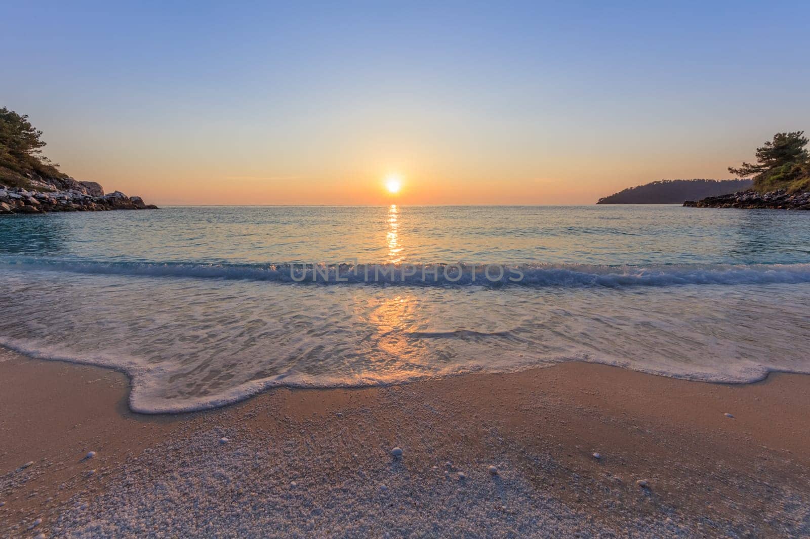 Sunrise in Marble beach (Saliara beach), Thassos Islands, Greece. The most beautiful white beach in Greece