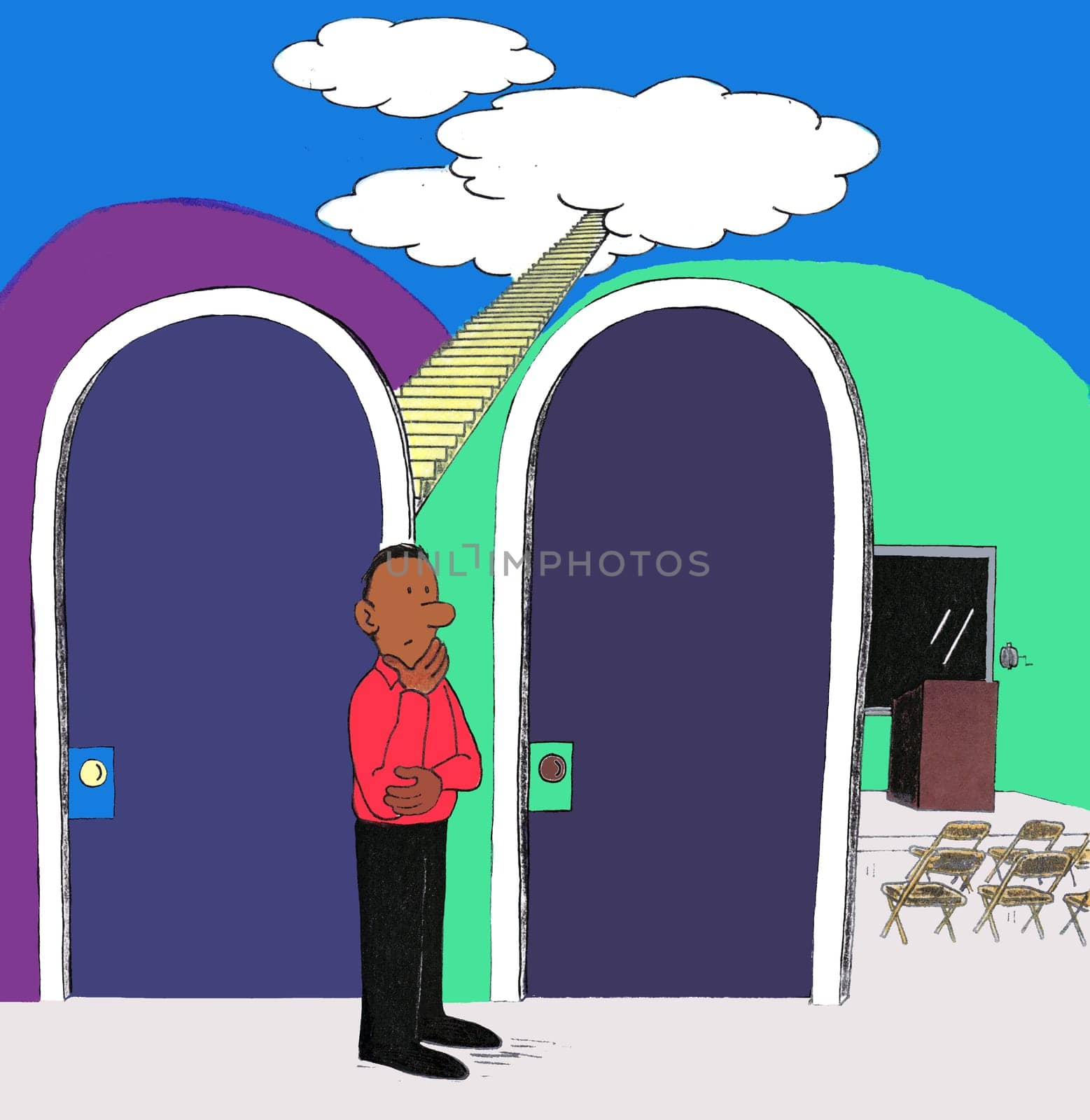 One man standing near two doors deciding between stairs to heaven or a lecture on heaven. One male choosing between going to heaven or a class on heaven.