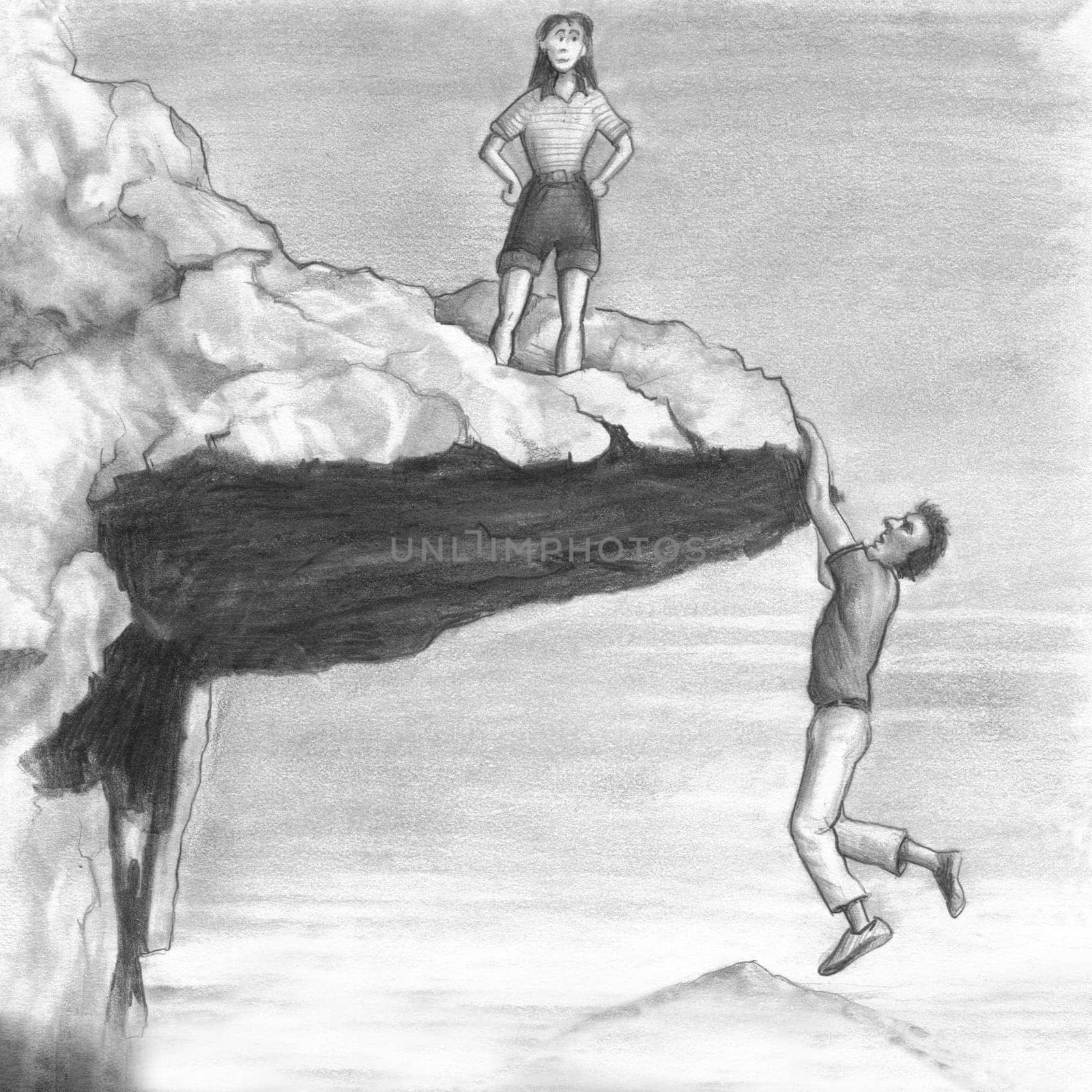 One female stands on an outcropping that a man dangles from the bottom edge of. Woman looks from a cliff top while a man hangs from it with his hands.