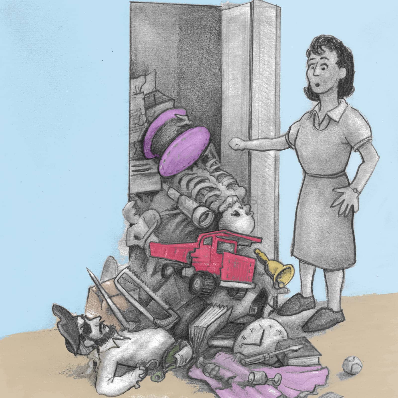 One mature woman opened a closet door and all her junk fell out and onto the floor. An illustrated  female finds a pile of things fell onto the floor from her closet..