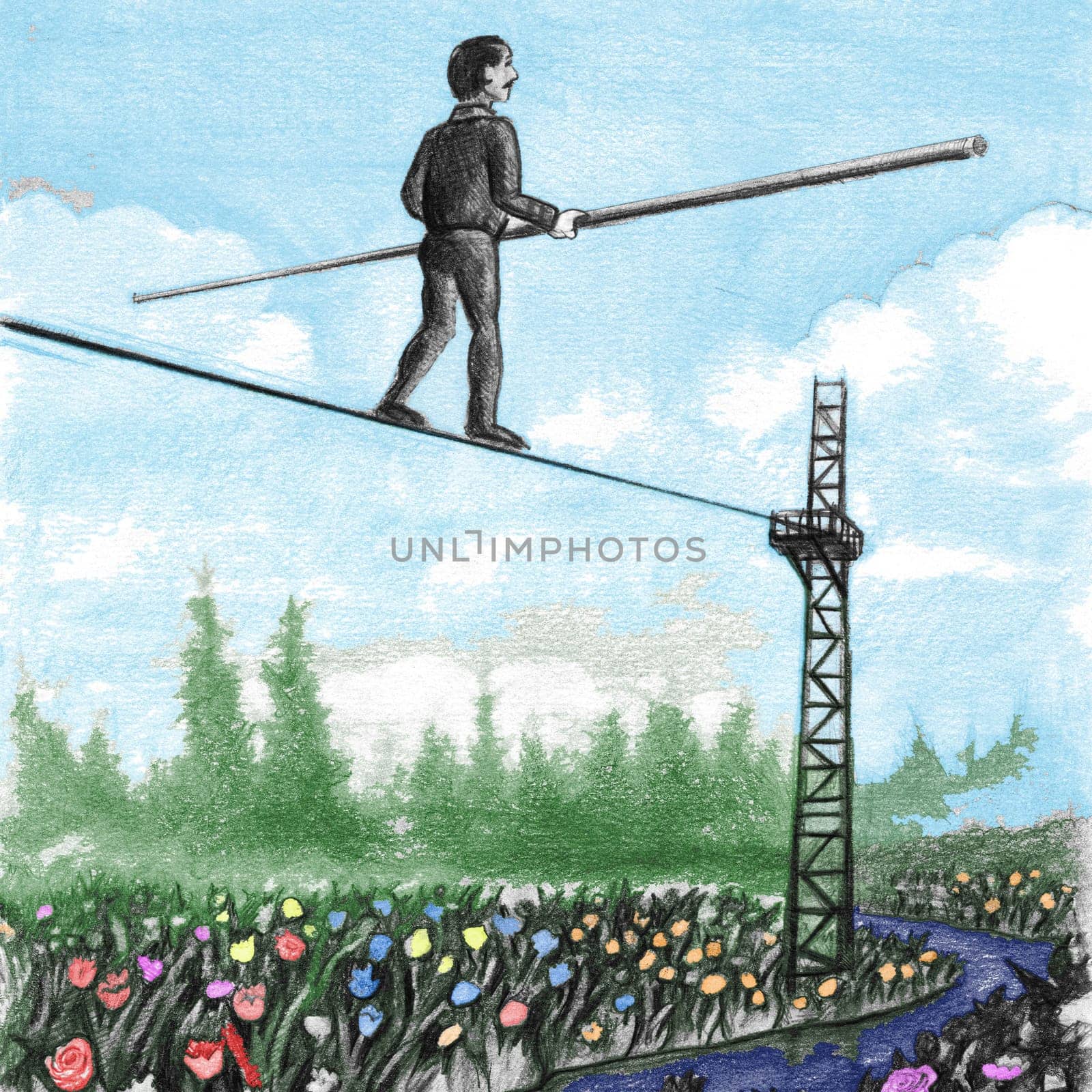 Older male carrying a large balance pole walking away on a high tight rope above flowers. Middle-aged gentleman with  balancing pole walking a tightrope..
