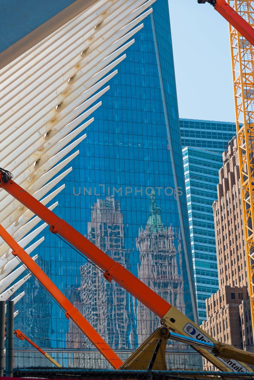 New York, USA - June 08, 2015: Ground Zero with the World Trade Center One and Transportation building late in the day in Lower Manhattan.
