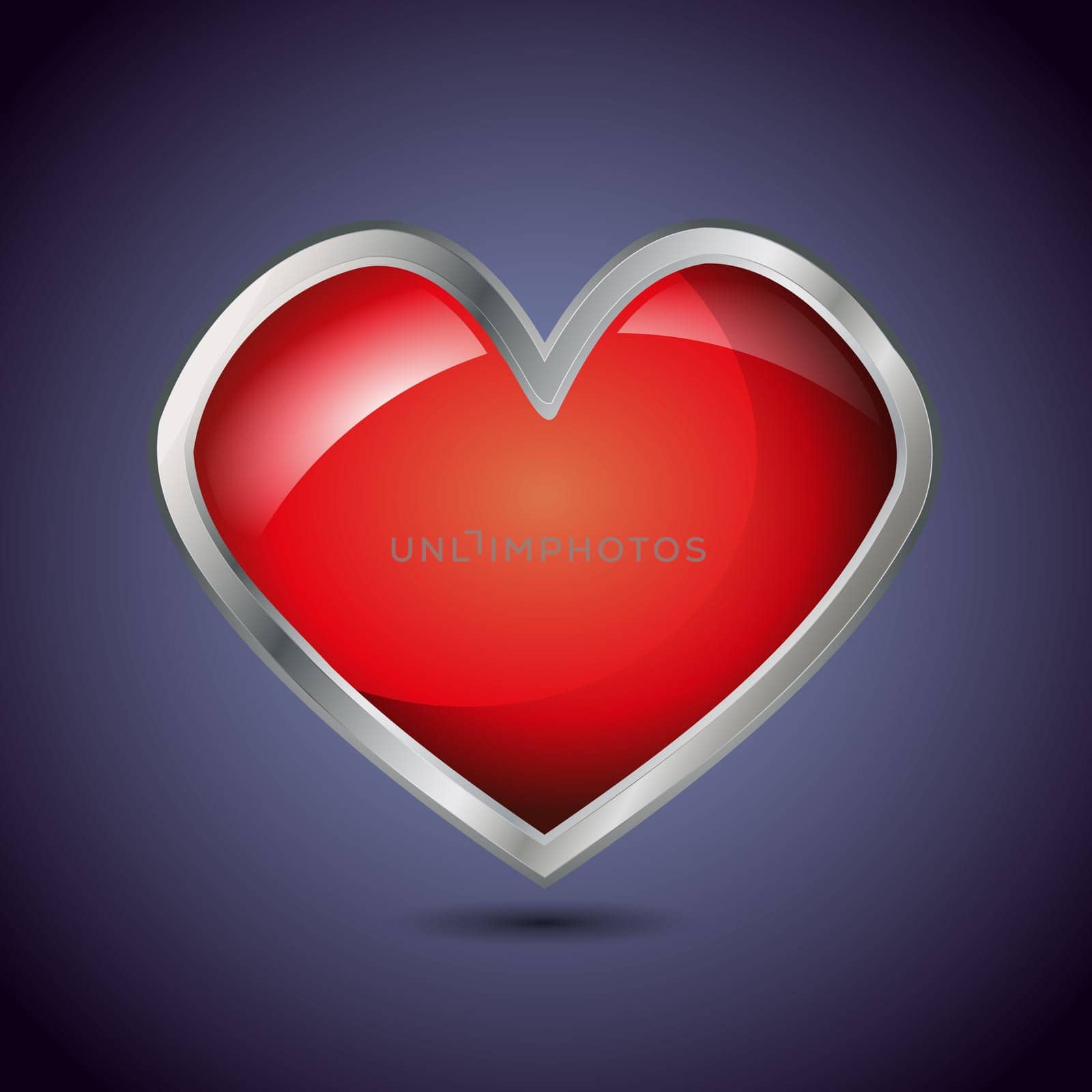 Glossy metal heart shape on a dark bluish background, love or Valentines Day concept illustration