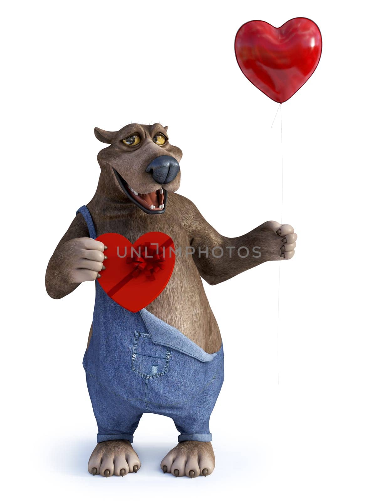 3D rendering of a charming smiling cartoon bear holding a heart shaped red balloon in one hand and a chocolate box in the other. Ready for Valentines day! White background.