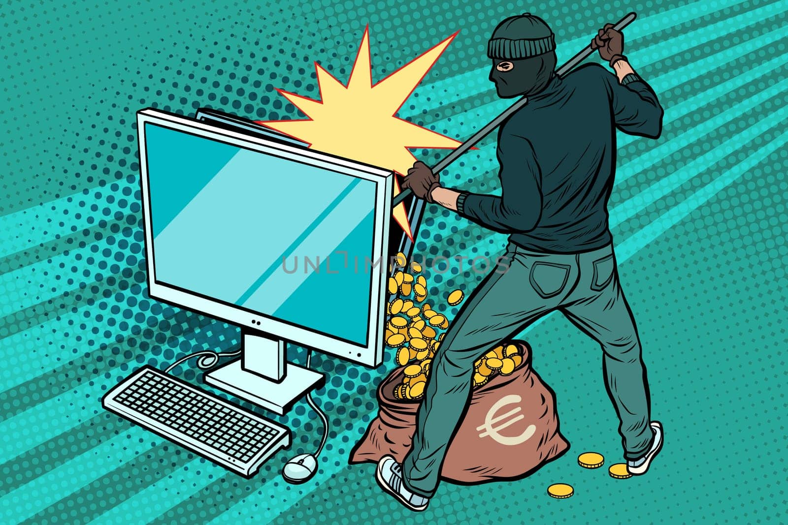 Online hacker steals Euro money from computer. Pop art retro vector illustration