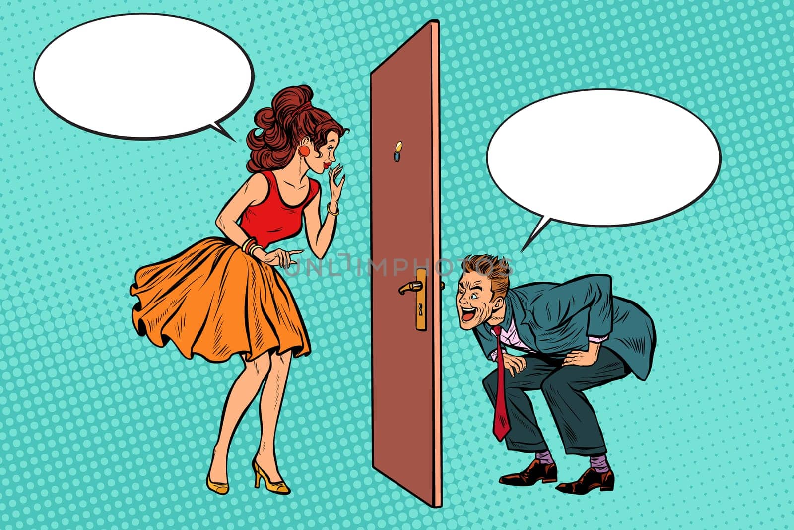 man and woman looking through a door, peephole and keyhole. Voyeurism and privacy. Pop art retro vector illustration