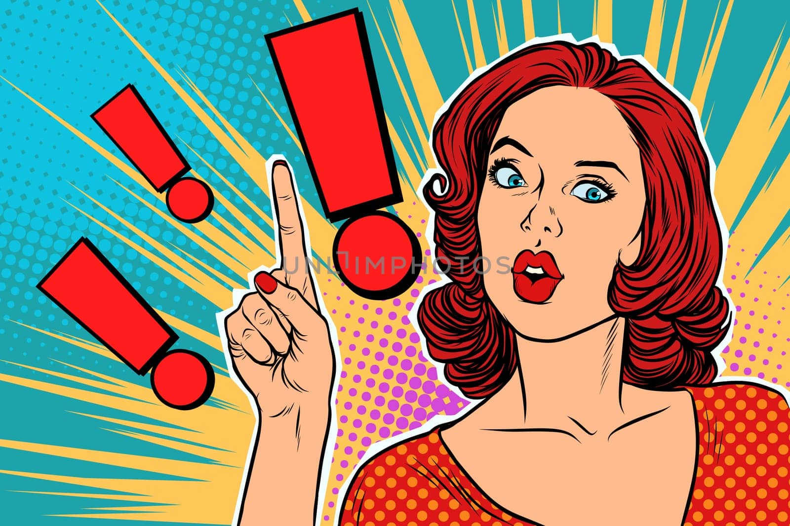 Exclamation point and surprised pop art woman. Pop art retro vector illustration