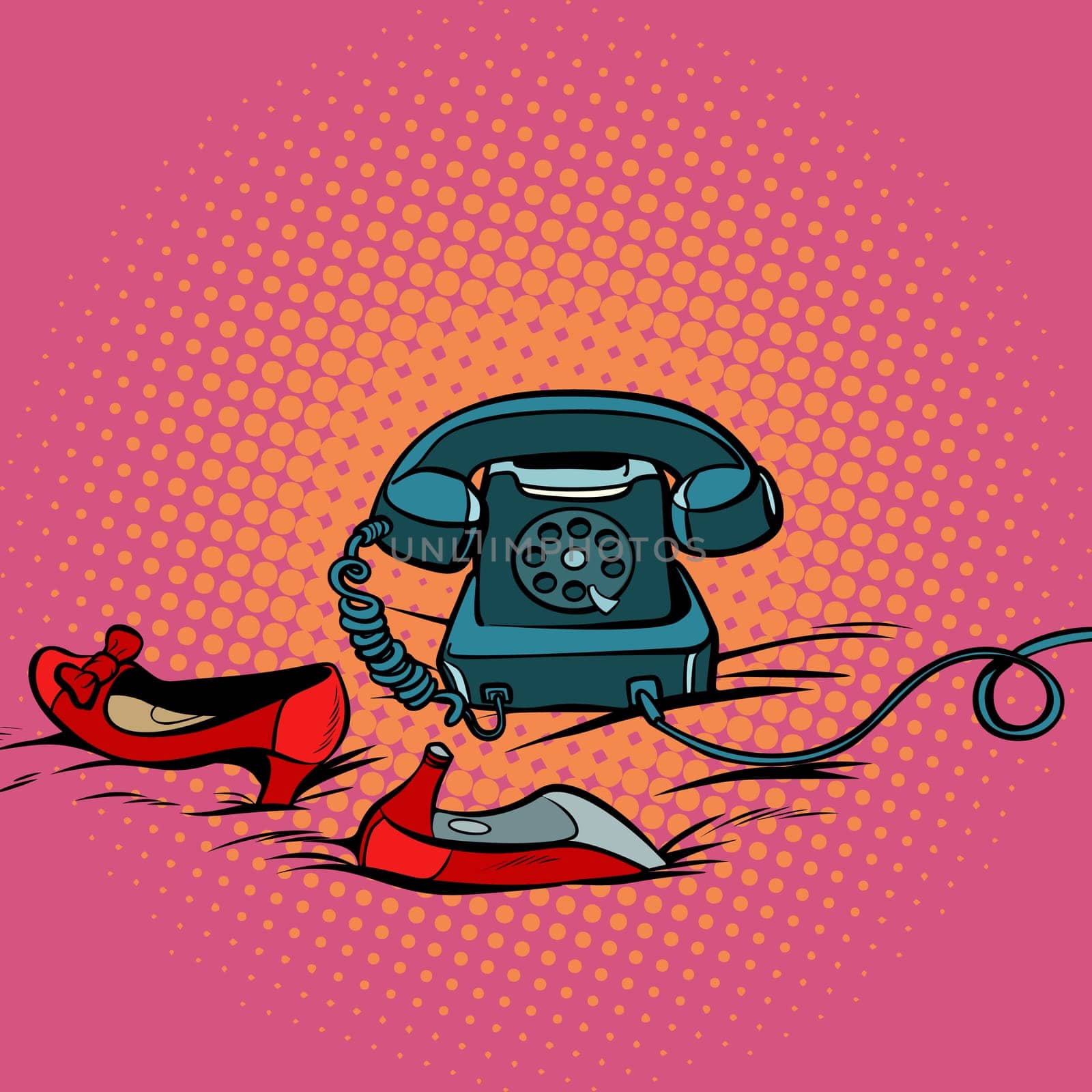 retro phone and womens red shoes. Pop art retro comic book vector illustration hand drawn
