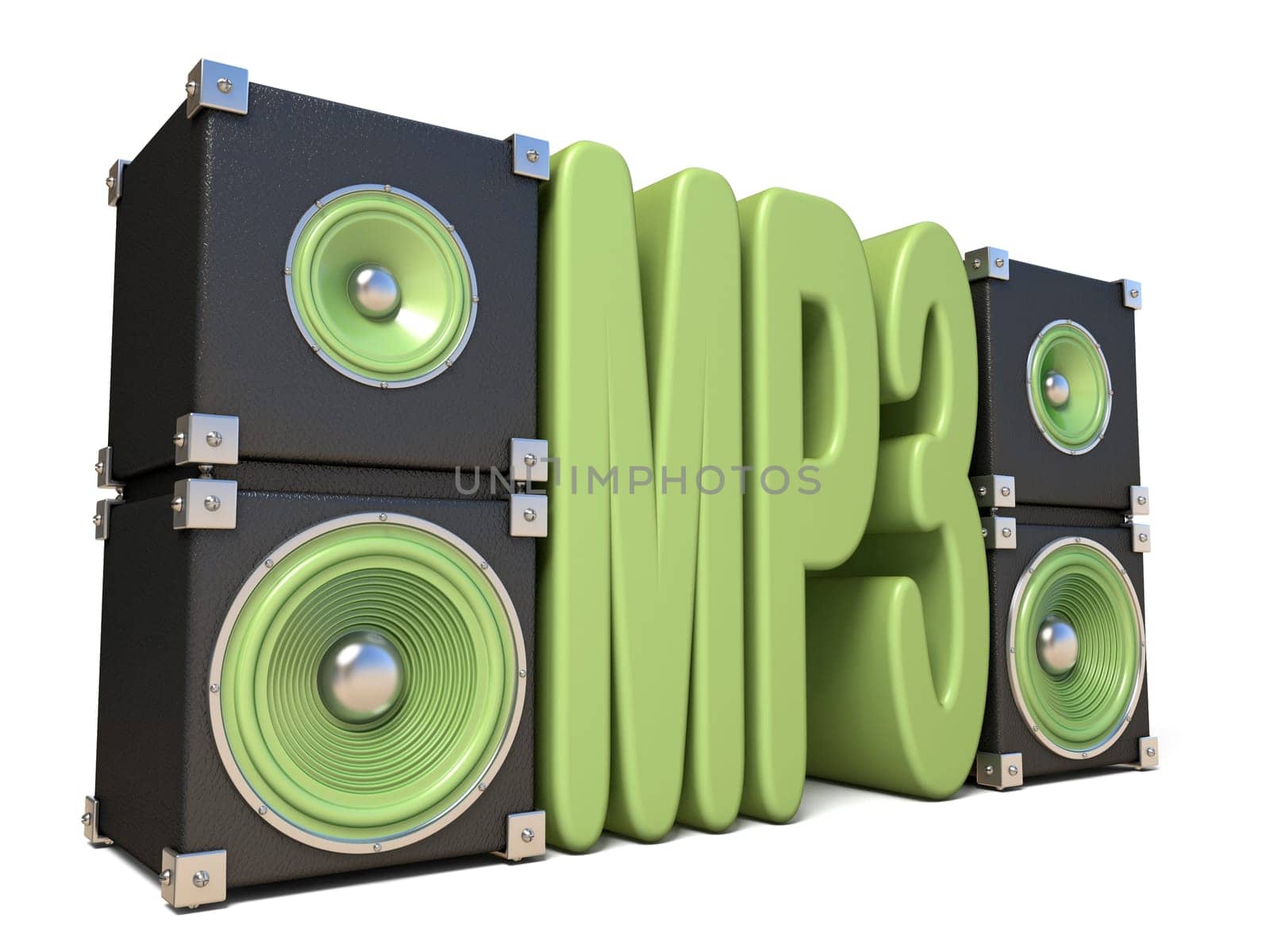 Two pairs of sound speakers MP3 3D render illustration isolated on white background.