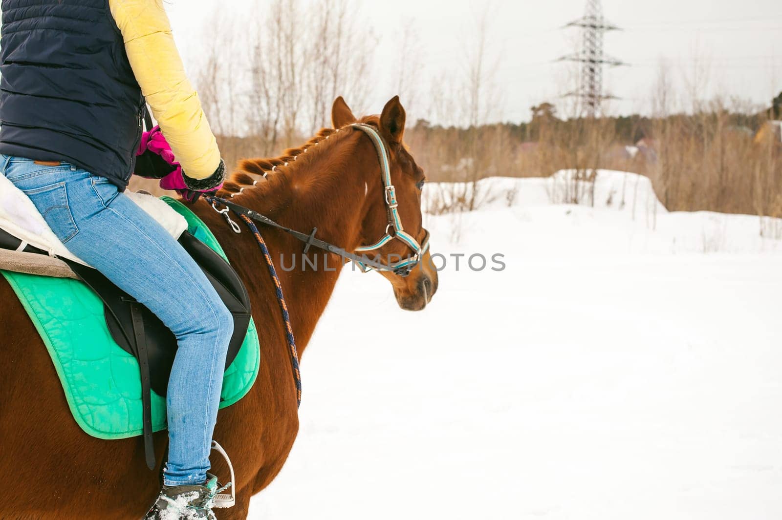 Woman in winter clothes is riding on a horse on a background of white snow.